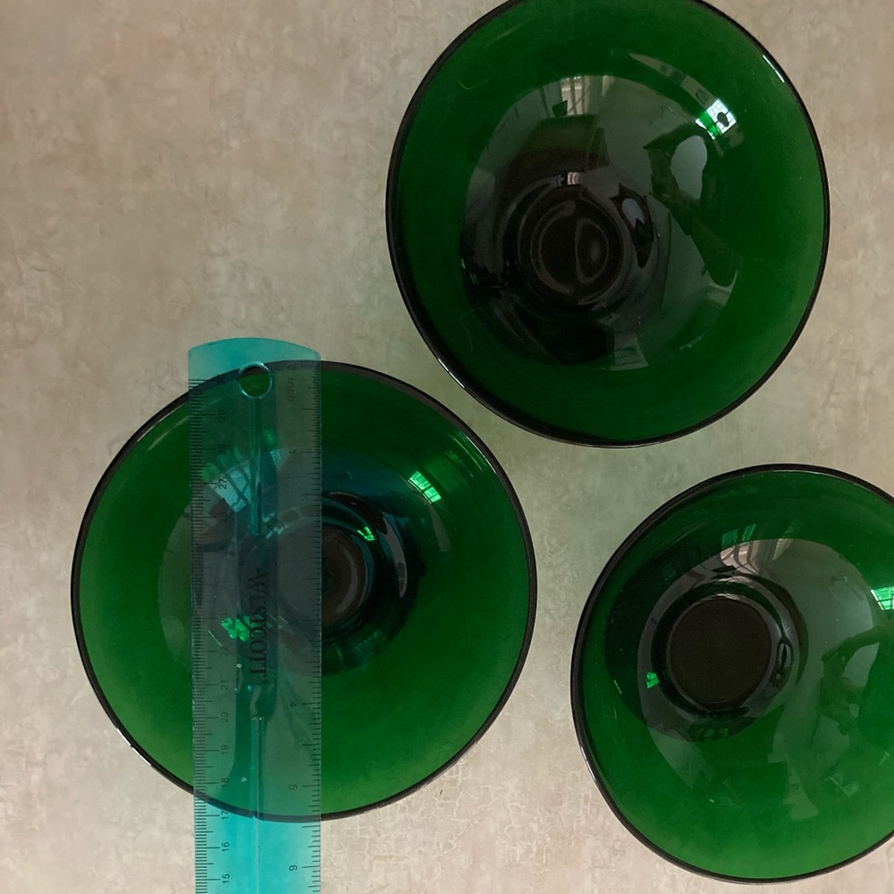3 Green glass bowls 5.5” across, 2.5” total height